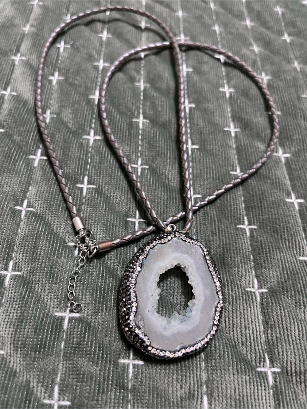 Geode and crystal pendant with faux leather necklace